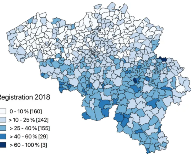 Figure 4: Registration rates (% of eligible EU citizens registered) by municipality, 2018,  Belgium 