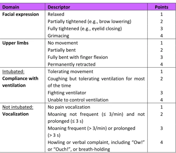 Table	
  2 .	
  Original	
  Behavioral	
  Pain	
  Scale	
  (BPS	
  and	
  BPS-­‐NI),	
  reproduced	
  with	
  kind	
  	
   permission	
  from	
  the	
  developers	
  Professor	
  Payen	
  and	
  Professor	
  Chanques	
  