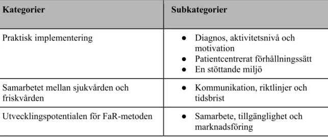 Tabell 2. Resultatöversikt med kategorier och tillhörande subkategorier. 