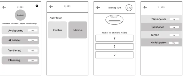 Figur 5: Fyra skärmavbilder av prototypen, hela prototypen finns i bilaga 4. 