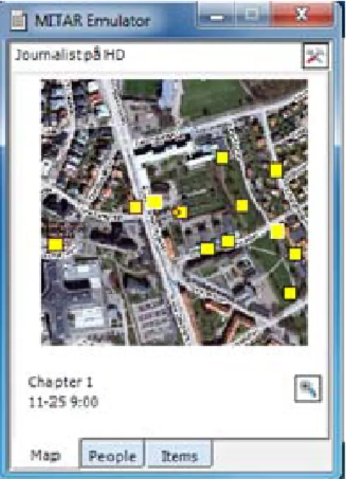 Figure 3. The map tab view for the Journalist group with NPCs (yellow dots)  to interview and their own location in the area (orange dot)