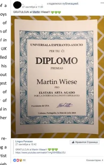 Fig. 12. An example for member recognition publication consisting of a picture of diploma of the  praised member by UEA on the Facebook group “Esperanto”, published 27.09.18