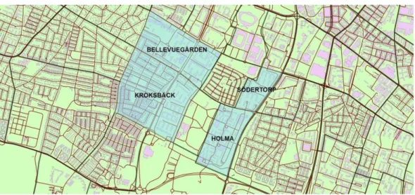 Figur 1. Karta över undersökta områdena, Bellevuegården, Holma, Kroksbäck och Södertorp