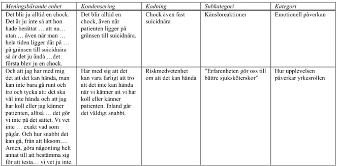 Tabell 2. Exempel på analysprocessen.