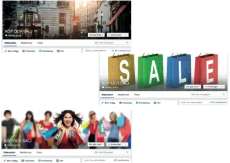 Figur 2. Tre fiktiva köp- och sälj-grupper på Facebook från respektive kategori. 