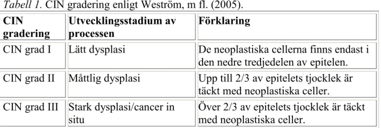 Tabell 1. CIN gradering enligt Weström, m fl. (2005).  