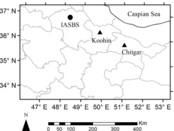 Fig. 1 The Koohin and Chitgar eddy covariance sites (triangles) and the IASBS AERONET sun photometer site (circle)