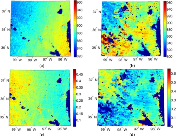 Figure 6. Spatial pattern of estimated (a) SARA-based global irradiance and (b) MODIS-based global  irradiance using (c) 1-km SARA AOD and (d) 3-km MODIS AOD on 20 July 2014 over the SGP