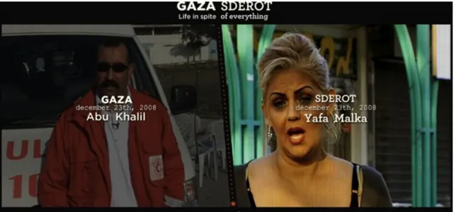 Figure 1: Gaza Sderot – an interactive web documentary that uses split screen to deliver the dichotomous sides of the  story of two communities, one in Palestine and one in Israel, impacted by the same conflict.