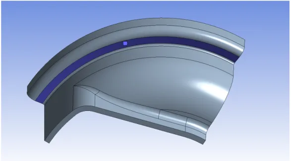 Figur 22: För att förhindra hela bromsaktuatorn från att stelkroppsförflyttas, definieras ett inspänt stöd på undersidan av tryckkärlet, vilket åskådliggörs med blå yta.