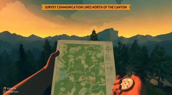Figure 2. Map, compass, and game world in Firewatch (Campo Santo, 2016). 