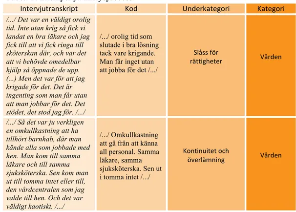 Tabell 1. Exempel på analysprocess.