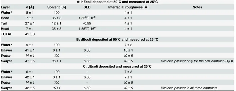 Table 1. Neutron reflection fitting parameters for hEcoli deposited at 50°C (A) and dEcoli deposited at 50°C (B) or 25°C (C)