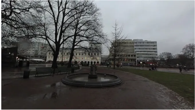 Figur 11. Prototyp 2, Gustav Adolfs Torg i Malmö. Bild från video med S:t Petri Kyrkan och alla de stora  torgen i Malmö