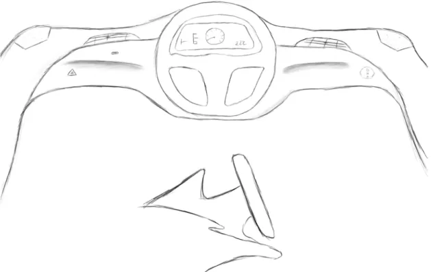Figur 14: Koncept 3 framifrån och från sidan. En kombination av det sportiga och futuristiska.