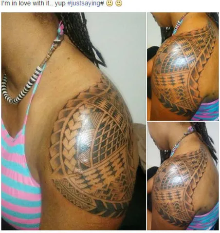 Figure 6. Modern style Bellonese-inspired tattoo, Rennellese female resident in Australia   with various traditional motifs incorporated  (Facebook)