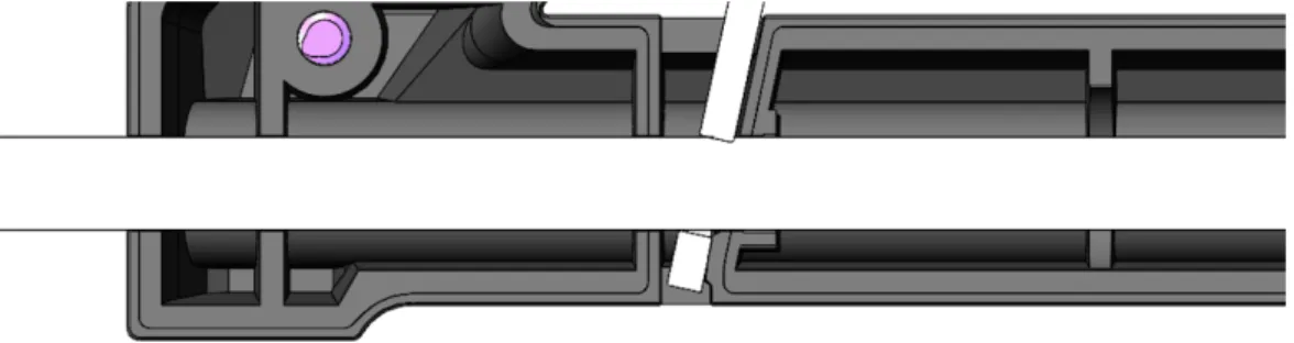 Figur 12: Detaljerad sektionsvy över LV4. Stången fixeras med hjälp friktionskrafter mellan bleck och stång när blecket snedställts 10 grader.
