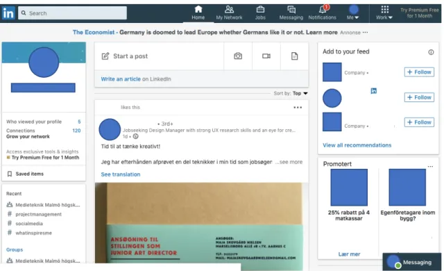 Figure 1. The frontpage from a user’s perspective on a computer. Screenshot from linkedin.com, the  authors profile