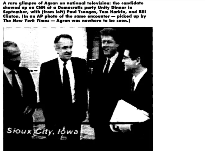 Figure 5. Progressive Democratic presidential candidate Larry Agran, pictured to right of  Bill Clinton in this CNN image, was cropped out of a key photo of the same 1992 