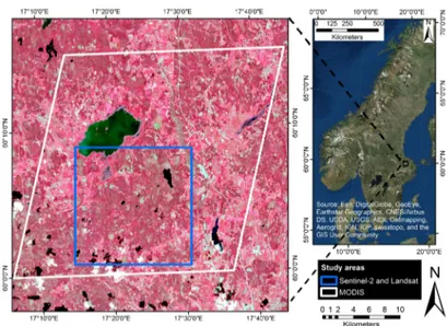 Figure 1. Study area in Central Sweden. The image to the left is a false color composite from Sentinel-2, acquired on 8 July 2016