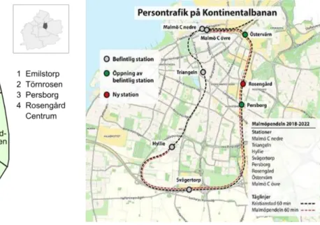 Figure 02. Target area is a part of Rosengård  neighbourhood that located between the  centrum and new train station 