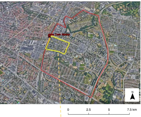 Figure 01. Target area compared to entire Rosengård (top) and the relation between the  train station, target area and Rosengård Centrum (below)  