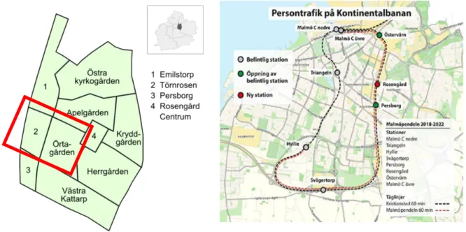 Figure 02. Target area is a part of Rosengård  neighbourhood that located between the  centrum and new train station 