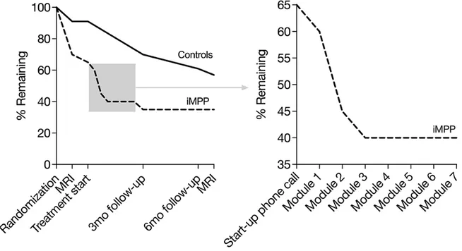 Figure 3.  Attrition (left: the proportion of patients remaining in each treatment arm by event; right: an enlarged view of the proportion of internet-based multimodal pain program patients remaining by treatment module)