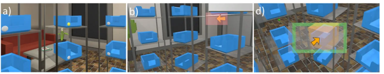 Figure 7: In picture a) from [36] the pick-by-light guidance is demonstrated in VR, in b) arrow pointers is demonstrated by Google glasses and in d) arrow pointers are demonstrated by Microsoft Hololens