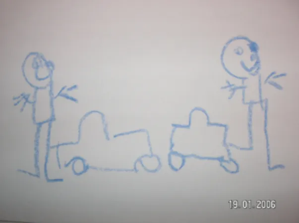 Figur 8: Pojken till vänster delar med sig av sin ena leksaksbil till en kompis. (Pojke, åtta år)