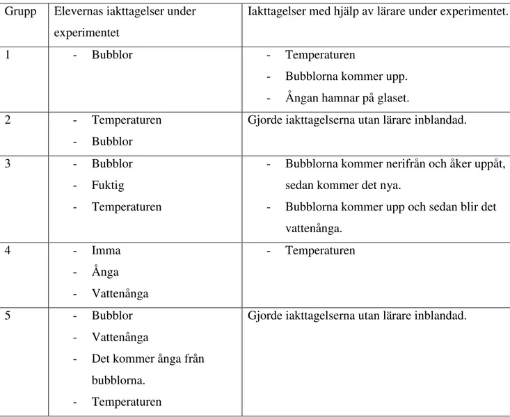 Tabell 4 Iakttagelser under experimentets gång 