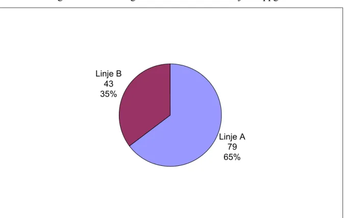 Diagram 7. De manliga elevernas val av tidslinjer i uppgift A  Linje A 79 65%Linje B4335% Diagram 7 