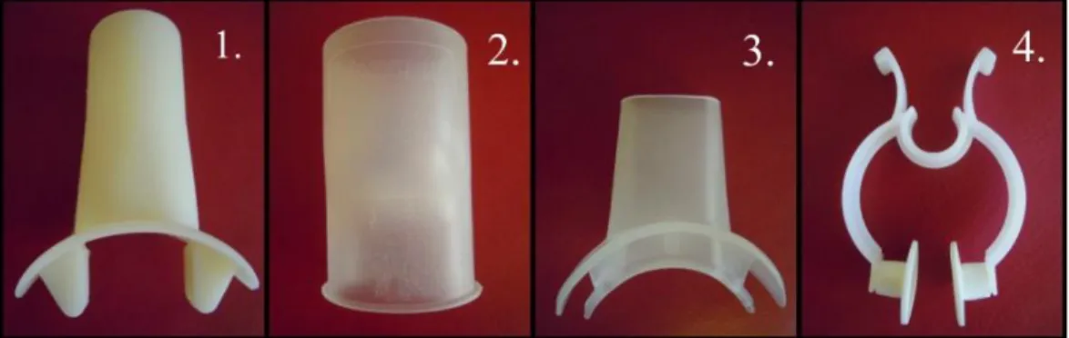 Figur 1. 1. Mjukt läppformat munstycke i silikon till Jeager utrustningen. 2. Hårt  tubformat munstycke i plast till Jeager utrustningen