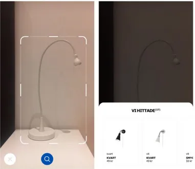 Figur 3. Print screen från IKEA Place. Genom att skanna en IKEA-produkt letar applikationen upp den i  sortimentet och visar information om den