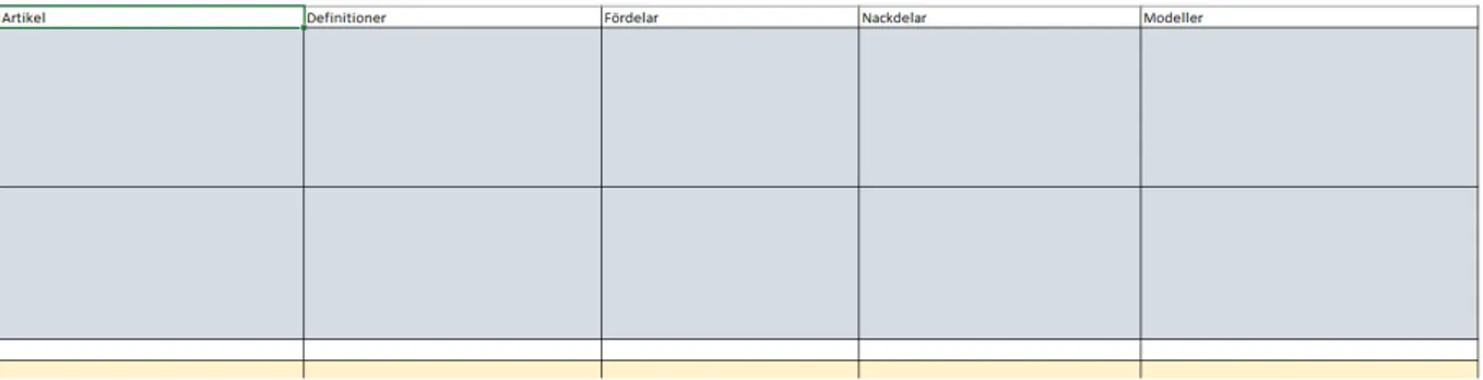 Figur 11. Sammanställningen i Excel av litteraturstudien 