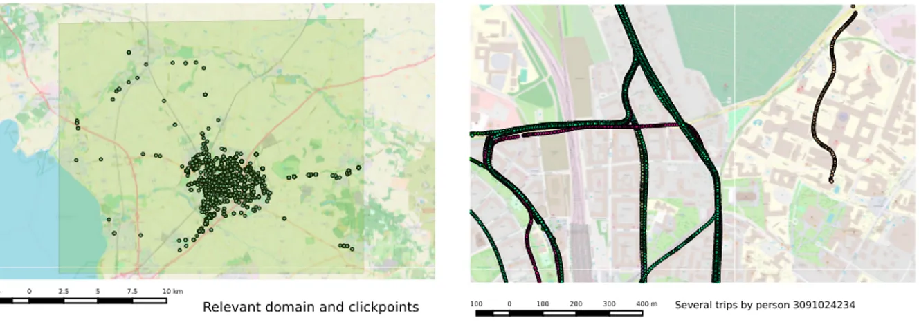 Fig. 1: Data overview: relevant domain, clickPoints and trips for a particular bicyclist.
