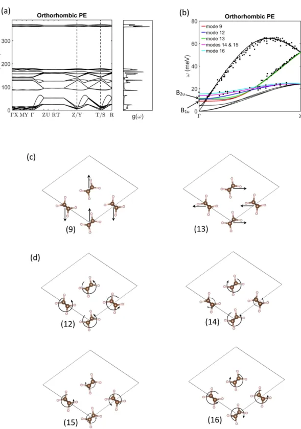 FIG. 3: (a) Phonon dispersion and density of states for stress free orthorhombic PE along with (b) a high resolution image the low frequency phonon dispersion branches for the Γ-Z path compared with experimental results [70–73]