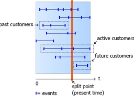 Fig. 3: Representation of a temporal dataset. Horizontal lines represent customer profiles on a timeline, where purchases are marked with blue bars.