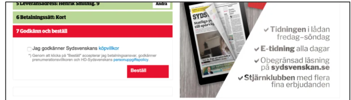 Figure 4. Newspaper Sydsvenskan terms and conditions and order-page. 