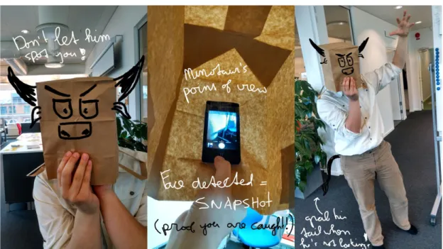 Fig. 8: Bodystormed mock-up of the Minotaur Game, using a paper bag and default camera app