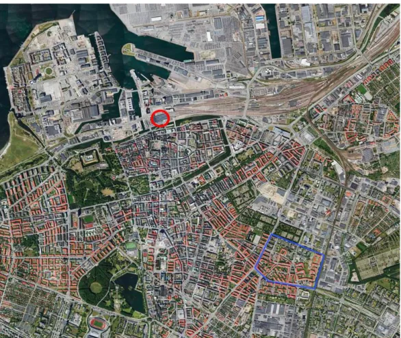 Figur 4.4 Östra Sorgenfris geografiska läge i Malmö (eniro.se 2015-05-26). Kartan visar var Östra Sorgenfri (blå markering)  beläget i Malmö, i relation till centralstationen (röda markeringen)