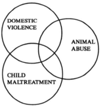 Figur 1. Överlappande domäner av djurplågeri, familjevåld och barnmisshandel. Ur  Ascione, F.R
