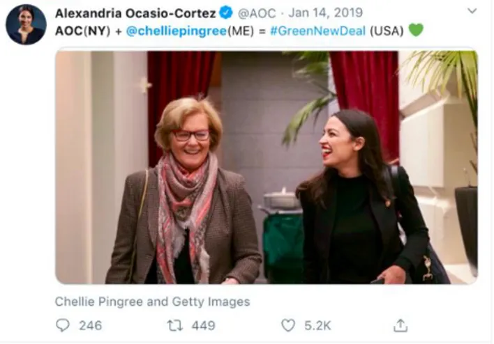 Figure 6: A tweet with Chellie Pingree and AOC shows that they  are in agreement with the ideas of the GND