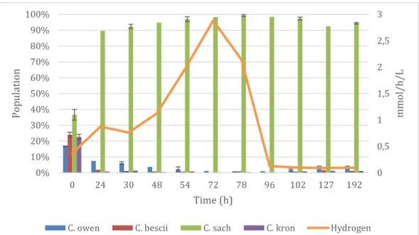 Figure 8: Hydrogen production and population dynamics in the cocktail analyzed in the  bioreactor