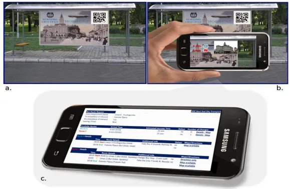 Figure 2 : Illustration of a possible response to traveller request: (a) bus stop with AR marker; 