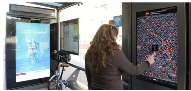 Figure 5 shows a pedestrian operating a touch screen that shows the map of the city  in an interactive bus shelter