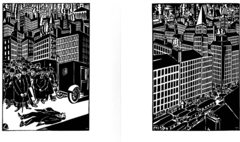Figur 1. Uppslag från Frans Masereels The City (1925). Sidorna är inte numrerade. 