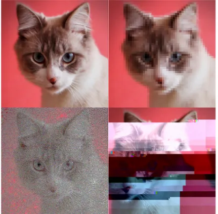 Figure 1: Experiments made revealing different types of digital decay on a photography From left to right: original image, the image displayed in lower resolution, the image with multiple compression applied, and the image glitched, as result of data error