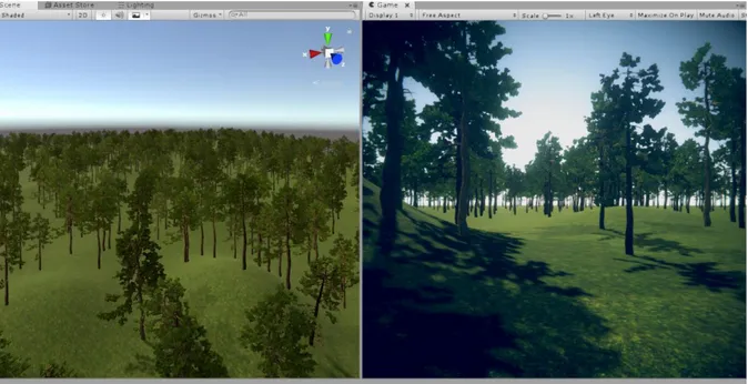 Figure 7. First iteration of unity prototype, overview of the scene (left) users view (right)