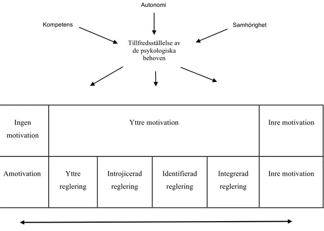 Figur 1.  Kontinuumet från kontrollerad till autonom motivation (Lindwall, Johnson &amp; Rylander, 2016, s.80)